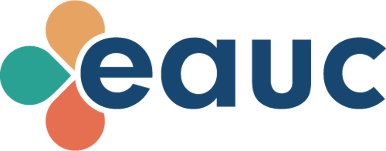 EAUC logo with a yellow, green and orange petal curved around the e